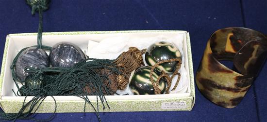 2 Chinese scroll weights & Art Deco bangle